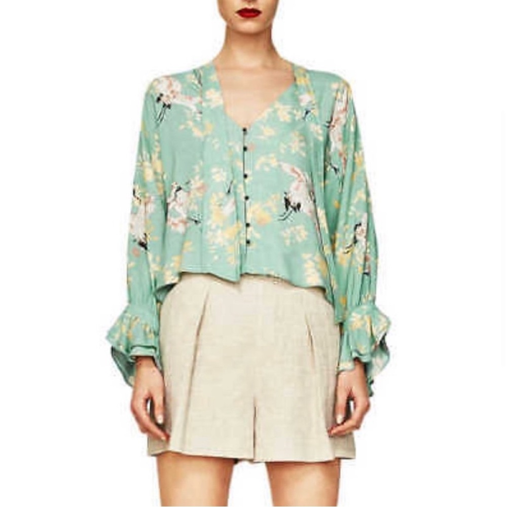 ✨2x HP!✨ ⏰ Zara Basic Japanese Crane Print Long Sleeve Blouse in Aqua
